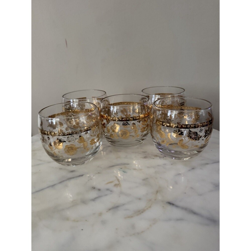 Vintage Culver Chantilly Roly Poly Glasses Mid Century Gold Floral Barware Set 5